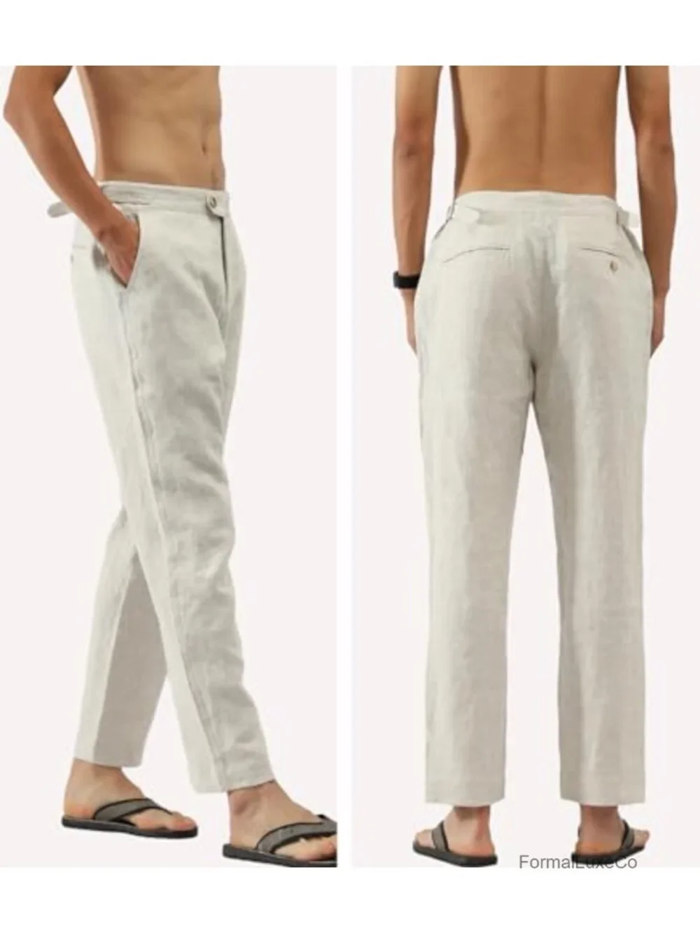 Men's 100% Linen Tapered Casual Pants Side Tab Adjustable Waist 4 Pockets